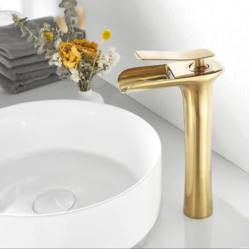 Rubinetto Bagno Miscelatore Lavabo Miscelatore per Lavello Cascata Oro Spazzolato Rubinetto da Bagnos Miscelatore Monoforo per Lavabo Alto da Bagno