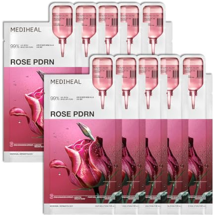 MEDIHEAL Rose PDRN Essential Face Sheet Mask, Healthy Glow (10ea) | with Adenosine, Ceramide | For Tightened Pores & Glowing Skin | Plastic-Free Vegan Sheet | Korean Skincare