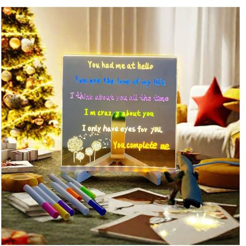 Hazomeu Tableau Lumineux LED avec Support Réglable et Stylo 7 Couleurs Tableau Lumineux Message LED Essuyable Tablette Lumineuse Dessin Enfant,15x15cm