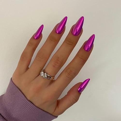 KQueenest Chrome Purple Press on Nails Almond Medium Glitter Metallic False Nails Medium, Luxury Design Acrylic Fake Nails Set with Bling Mirror Effect Stick on Nail for Women Finger Decoration 24 Pcs