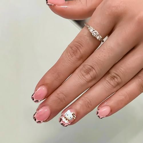 Faux Ongles Court MouyouGlow,Carré Cute Kawai Nude Léopard French 3D Kitty Design Y2K Coquette Press on Nails avec Colle à Ongles,Sweet Cartoon Fake Nails