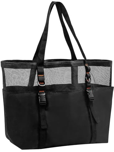 JSTHHTT Grand Sac de Plage Femme, Sac de Plage Grand en Maille, Fourre-Tout de Plage Anti-Sable Pliable Main sac, Plusieurs Poches, pour Plage Voyages Gym Piscine Rangement Black