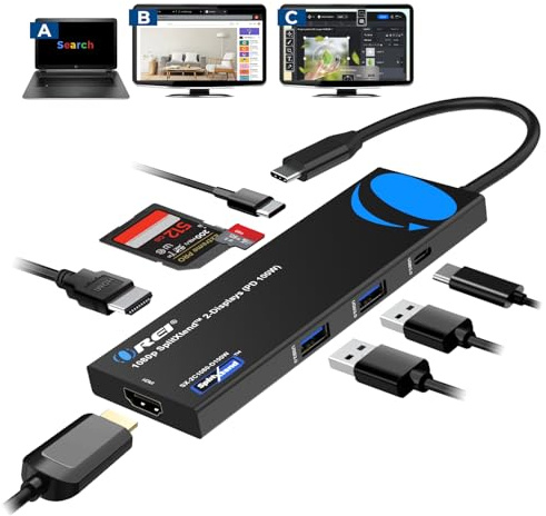 OREI SplitExtend Laptop Docking Station 4K Dual Monitor - 2X USB 3.0, 1x Type-C, SD Card Reader - USB-C Adapter to HDMI 2.0 Extended Screen, 4K@30Hz Outputs - 100W PD