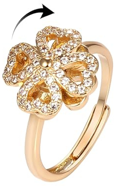 IMINI Four-Leaf Clover Spinner Open Ring, Silver Plated CZ Crystal Rotating Anxiety Fidget Band for Relief - Adjustable Stacking Flower Calming Jewellery Gift for Women