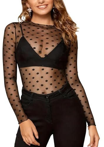 Mesh Oberteil Damen Sexy Oberteil Glitzer Netzoberteil Transparent Bluse Langarm Durchsichtiges Spitzentop Sheer Mesh Bluse für Party Club Festival, Flecken