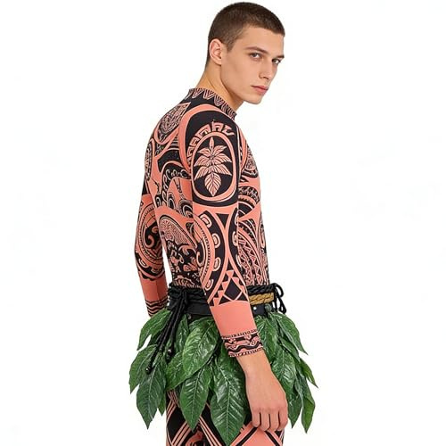 YDUNARISE Dschungel Kostüm Herren,mit Druck Oberteil Hose Blätterrock Halskette,Safari Kostüm Empfohlen für 178-192cm,Faschingskostüme für Karneval Mottoparty