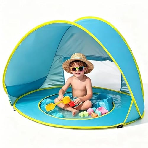 Strandmuschel Baby - Pop Up Strandmuschel UV Schutz 50+ - Strandzelt Baby mit Pool - Strandzelt Baby faltbar - Sandmuschel für Strand Garten Camping Blau