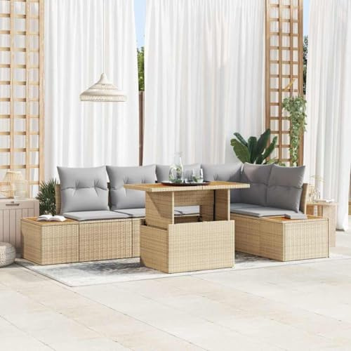RCODSSK Modulares Gartensofa Set beige aus Poly Rattan als Outdoor Sofagarnitur mit Eckbank und Tisch für EIN rechteckiges Garten Esszimmer Set 6 Personen mit Stauraum