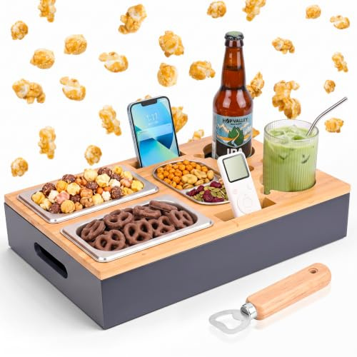Vankarr Couchbar Snackbox Mit 2 Snackschalen Aus Edelstahl,Handy- & Getränkehalter,snackbox Couch mit Abnehmbarer Deckel,Couch Butler für Wohnzimmer Sofa Restaurant Picknick Party