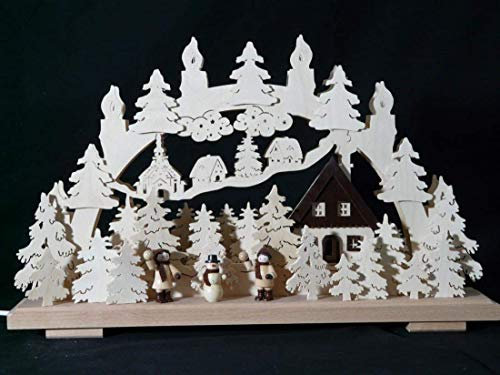 Rudolphs Schatzkiste Schwibbogen mit Schneemänner und Beleuchtung BxHxT 50x31x7cm NEU Lichterbogen Fensterbogen Spitzbogen Erzgebirge Seiffen Weihnachten Licht Holz Dekoration Beleuchtung