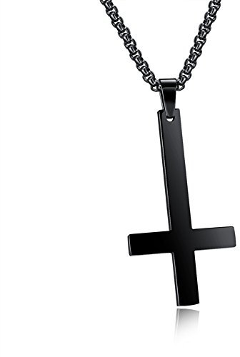 PAURO Herren Edelstahl Schwarz Inverted Kreuz Halskette Upside Down Anhänger Charme Mit 22 Zoll Kette