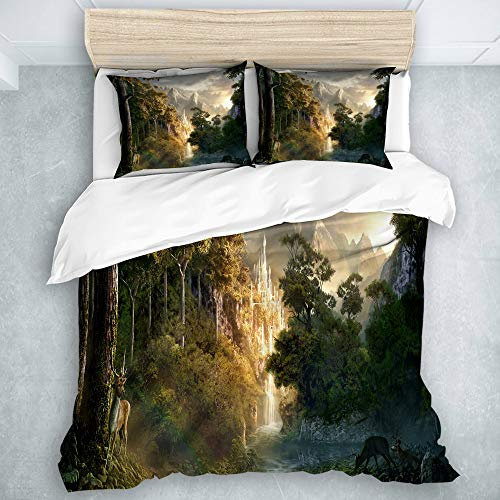 QINCO Bettwäsche-Set, Mikrofaser,Schloss in den Bergen Bilder Herr der Ringe,1 Bettbezug 135x200 + 2 Kopfkissenbezug 50x80,Single