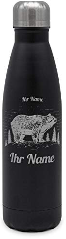 printplanet - Isolierte Trinkflasche mit Text oder Namen graviert - Edelstahl Thermo-Flasche mit Gravur, 500ml - Schwarz - Motiv: Bär