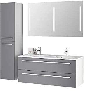 Sieper I Badmöbel Set Libato, Doppelwaschtisch mit Unterschrank 120 x 50 cm, Hochschrank und Badspiegel I Arktisgrau