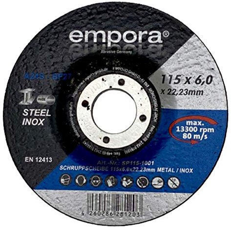 EMPORA Schruppscheiben - Schruppscheiben Ø115 mm - 125 mm - 180 mm - Inox Stahl Metall Blech - INOX STAHL METALL x 6,0 mm x 22,23 mm - 80 m/s - EN. 12413 (5, 115 mm)