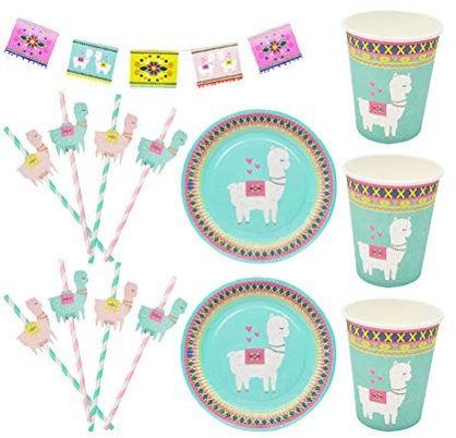 Amosfun 1 Satz von 25 STÜCKE Einwegbesteck Kit Cartoon Alpaka Themen Geschirr Set Pappteller Pappbecher Stroh Set Schöne Kinder Geburtstagsfeier Geschirr Zubehör Grün