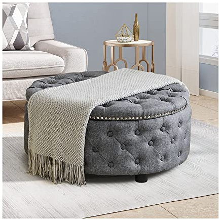 INMOZATA Chesterfield Large Buttoned Footstool Coffee Table Round for Living Room Bedroom - Dark Grey Linen
