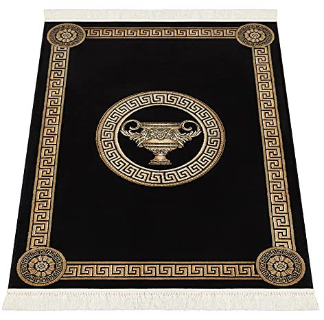 Belle Arti Premium Wohnzimmer Mäander Amphore Teppich Rund Läufer Oval aus 100% Viskose im Meander Design Flur Carpet in verschiedenen Varianten 609 (schwarz, 160 x 230 cm)