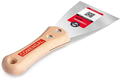 COMENSAL® Espátula Bricolaje - Espátula Acero para Pladur - Forma Ergonómica - Espátula Inoxidable - Mango de Madera - Made in EU - 80 mm