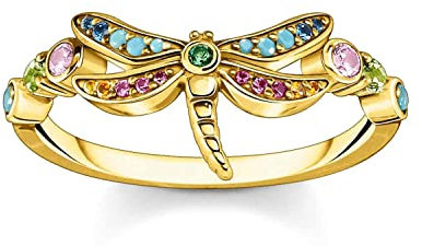 THOMAS SABO Damen-Ring Libelle mit Bunten Steinen Goldfarben TR2383-315-7-50 Ringgröße 50/15,9
