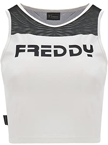 FREDDY - Camiseta Sin Mangas Crop Top con Inserciones De Rejilla Y Estampado En Contraste, Bright White, Extra Small