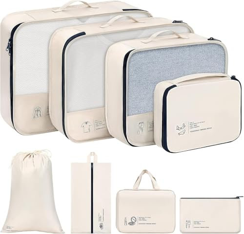 DIMJ 8-teilig Koffer Organizer Set, Reise Packing Cubes, Packtaschen für Koffer, Packwürfel für Kleidung, Travel Organizer Kleidertaschen Schuhbeutel und Wäschebeutel - Beige
