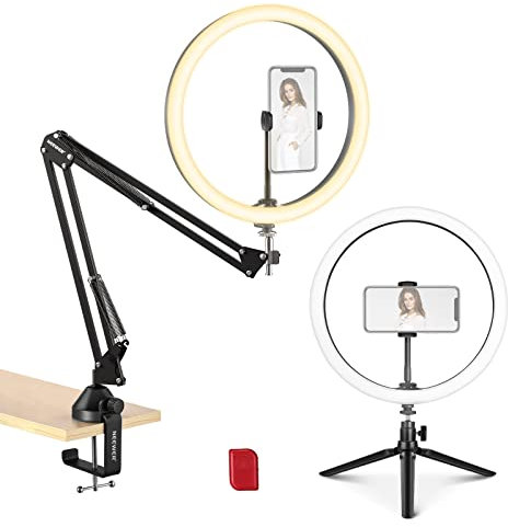NEEWER 12 LED Ringlichtset, zweifarbiges Ringlicht mit Scherenarmständer, Tischstativ, Fernauslöser, Telefonhalter, Kugelkopf, Kabelbinder, Schraubadapter für Make up, Zoom Anrufe, YouTube Videos
