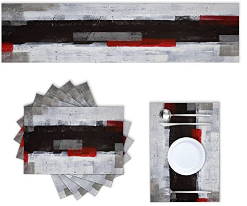 rouihot Tischläufer und Tischsets aus Baumwollleinen, 6 Stück, rot, schwarz und grau, abstrakte Malerei, Tischdekoration für Esszimmer, Bauernhaus, Hochzeit, Party, Urlaub, Abendessen, 33 x 178 cm