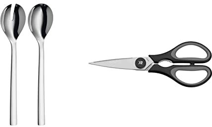 WMF Nuova Salatbesteck Edelstahl 30 cm, groß, Salatgabel, Servierlöffel, Cromargan Edelstahl poliert & Touch Küchenschere 21 cm, Haushaltsschere mit Sägeschliff, Schere Küche, schwarz