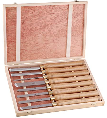 8 Stück HSS Drechselmesser Set Holz Drechselwerkzeug Schnitzwerkzeuge Holzdrehmaschinen Meißel Set Drechseleisen Drehmeißel Set Schrägschneidemeißel Werkzeug Mit Holzgriff in Holzbox