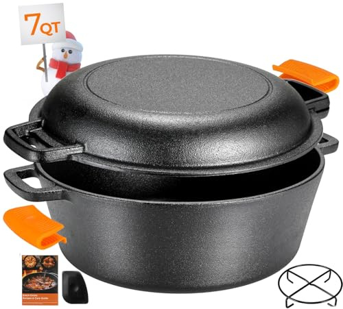 TLGREEN Dutch Oven Set 4.8Liter, Dutch Oven, Dickem Gusseisen Kochtopf, BBQ Feuertopf, Dutch-Oven mit Füßen, inkl.Deckelheber Spiralförmiger Henkel, für Kochen Braten Backen Oudoor Abenteuer, Schwarz