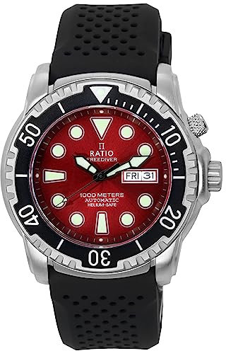 RATIO FreeDiver Heliumsichere Taucheruhr, Saphirglas, automatische Taucheruhr, 1000 m wasserdicht, Taucheruhr für Herren, rot, Taucher