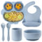 Baby Weaning Set, 6 Pcs Silicone Baby Suction Plate and Bowl,Adjustable Toddler Bib,Baby Cup, Fork and Spoon Cutlery Set Easy Wipe Clean Baby Feeding Sets BPA Free for Babies,Blue