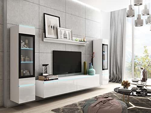 MINIO go for it - Ensemble D'éléments Muraux 4 Pièces Veve 2 I Suspendu Ou Debout I 2X Armoire Haute Vitrine I Lowboard I Panneau Mural I Éclairage LED I Blanc/Blanc Brillant