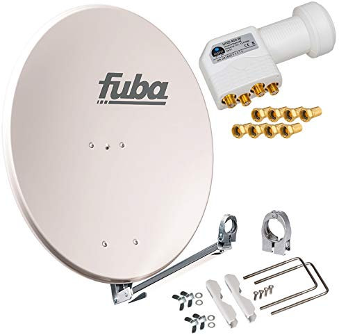 hb-digita & Fuba 80cm Satellitenantenne DAL 800G grau Aluminium Schüssel Reflektor Spiegel Klapparm + HB-DIGITAL Quad LNB 4 Teilnehmer UHD weiß + vergoldete F-Stecker