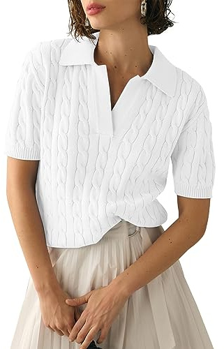 Imily Bela Women's Cable Short Sleeve Sweaters Tops Solid Lapel V Neck Knit Casual Soft Pullover Shirt White