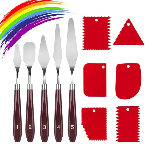 11 Pcs Palette Knife Set, 5 Pcs Stainless Steel Palette Knives and 6 Pcs Plastic Scrapers, Painting Accessories Art Supplies for Oil Acrylic Canvas Painting,Red