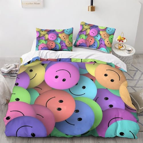 MEFESE Colorful Smiley Face 3D Bedruckte Bettwäsche Baumwolle 3-Teilig Colorful Bettgarnitur Mit Bettbezug Und Kissenbezüge Nicht Bügeln Bettwäsche-Set Für Jungen Und Mädchen Double(200x200cm)