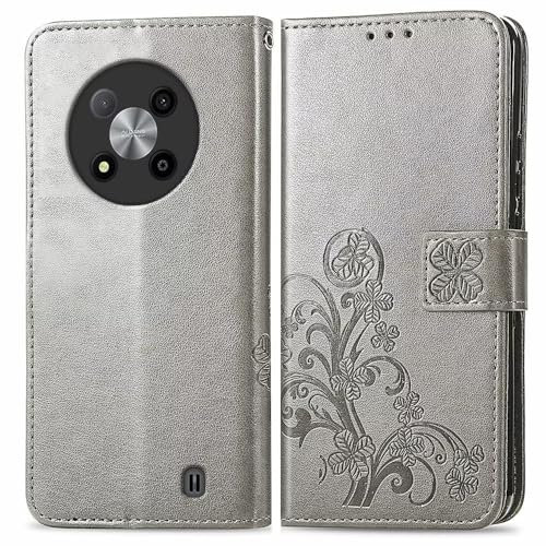 RankOne Hülle aus Leder für ZTE Blade A73 5G (6.52 Inches), Wallet Case mit 3 Kartenfächern 1 Münzfach Vierblättriges Kleeblattmuster - Grau