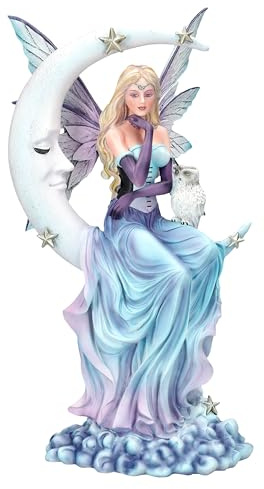 Figuren Shop GmbH Elfen Figur Wächterin der Träume auf Mond 34 cm - Eule Wolken Sterne Fee Deko Fantasy