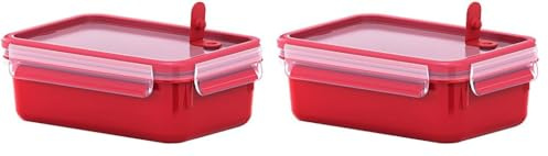 Emsa Mikrowellendose Clip & Micro 517773 | Mikrowellenventil | 1,0 L | Lunchbox | Integrierte Maßeinteilung | Made In Germany | Rot/Transparent (Packung mit 2)