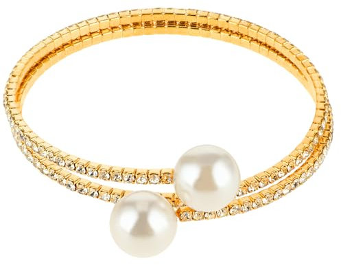 Telooco Strass Armband Damen Glitzer Tennis Armreif Perlen Offenes Armband Verstellbar 2 Reihen Strass Armbänder Hochzeit Braut Schmuck für Frauen Mädchen 1920S Stretch Armband (Gold)