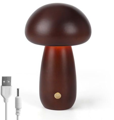 Pilzlampe aus Holz, Tragbare Dimmbare Nachttischlampe mit USB-Aufladung, Kabelloses Nachtlicht, Pilz-Tischlampe für Heimdekoration, Schlafzimmer, wiederaufladbare LED-Nachttischlampe (Nussbaum-B)