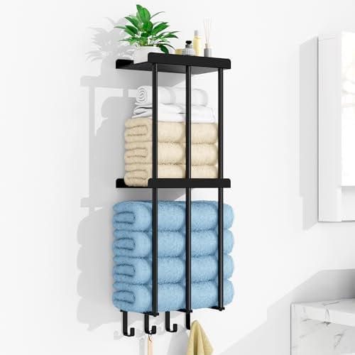 Handtuchhalter Wand Montage, Handtuchregal mit Bohren, Handtuchregal Mit Ablage, Badetuchhalter für Badezimmer Wand Gästehandtuchhalter Badezimmer Handtuchregal, Schwarz