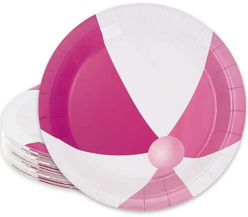 Whaline Summer Beach Ball Paper Plates Pool Party Disposable Plates Pink White Dinnerware Plates 9 Inch for Sport Party Supplies Table Decor, 24Pcs