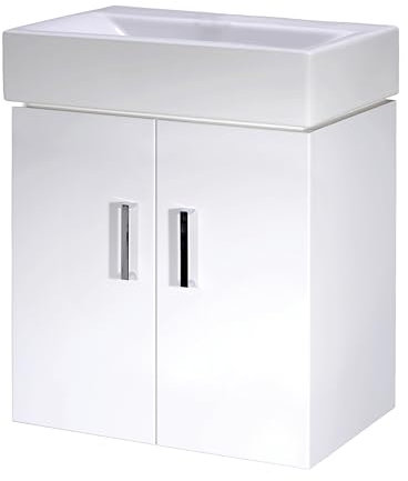 Balterley Vanity Unit with Basin Wall Hung, 2 Door Soft Close with 1 Tap Hole Rectangular Sink and Handles, Bathroom Vanity Units with Basin, Bathroom Sink Storage Cabinet - 450 x 330 x 595mm (White)
