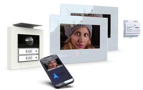 m-e iP Video-Türsprechanlage RFID weiß/weiß | Aluminium Außenstation für 2-Familienhaus | 7“ Innenstation | Türklingel mit Kamera | Freisprechanlage Video Sprechanlage Zweifamilienhaus 4-Draht