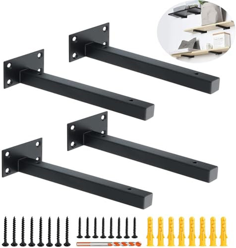 4 Pack Multi-Sized Heavy Duty Shelf Brackets, Steel Thickened Floating Shelf Supports with Hardware for Wall Shelves, 110lbs Load Capacity (Black, 10-inch)
