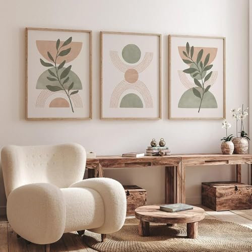 SHINERING Affiche De Galerie Botanique, Vert Sauge, Blush, Rose, Imprimés Géométriques, Peinture Sur Toile, Tableau D'Art Mural Abstrait, Décor Minimaliste Boho 21Cmx30Cmx3Pcs Sans Cadre
