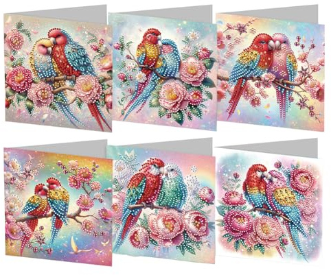 Generisch 5D DIY Diamond Painting Karten, 6 Stück Strass Handwerk Grußkarte,Diamant Malerei Geschenkkarte Feiertags Dankeschön Handgefertigte Grußkarten für Familie, Liebhaber,Freunde (Papagei)